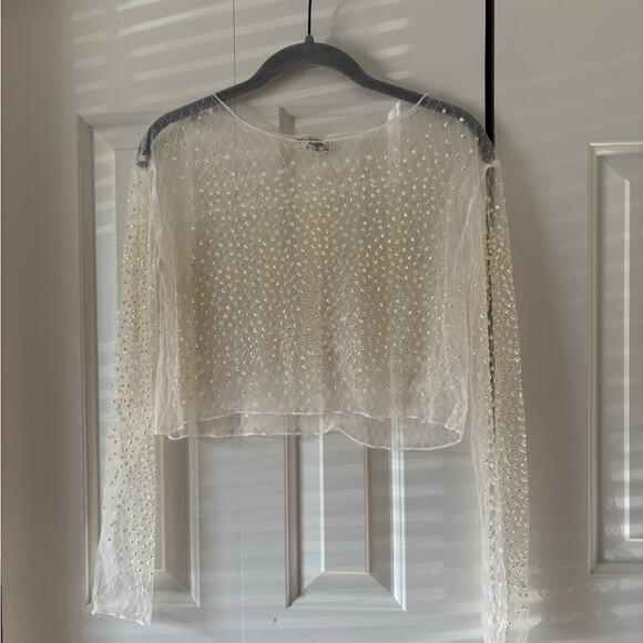 Bear Dance Tops - Bear Dance Ivory Sheer Pearl-Embellished Long Sleeve Top